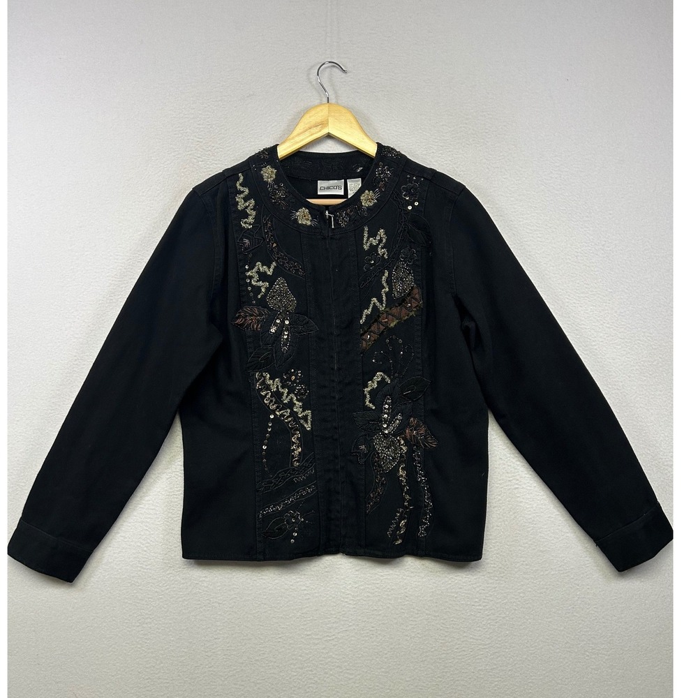 Art to Wear Boho Chico's Womens Size 1 Black Embroidered Sequin Denim Zip Jacket